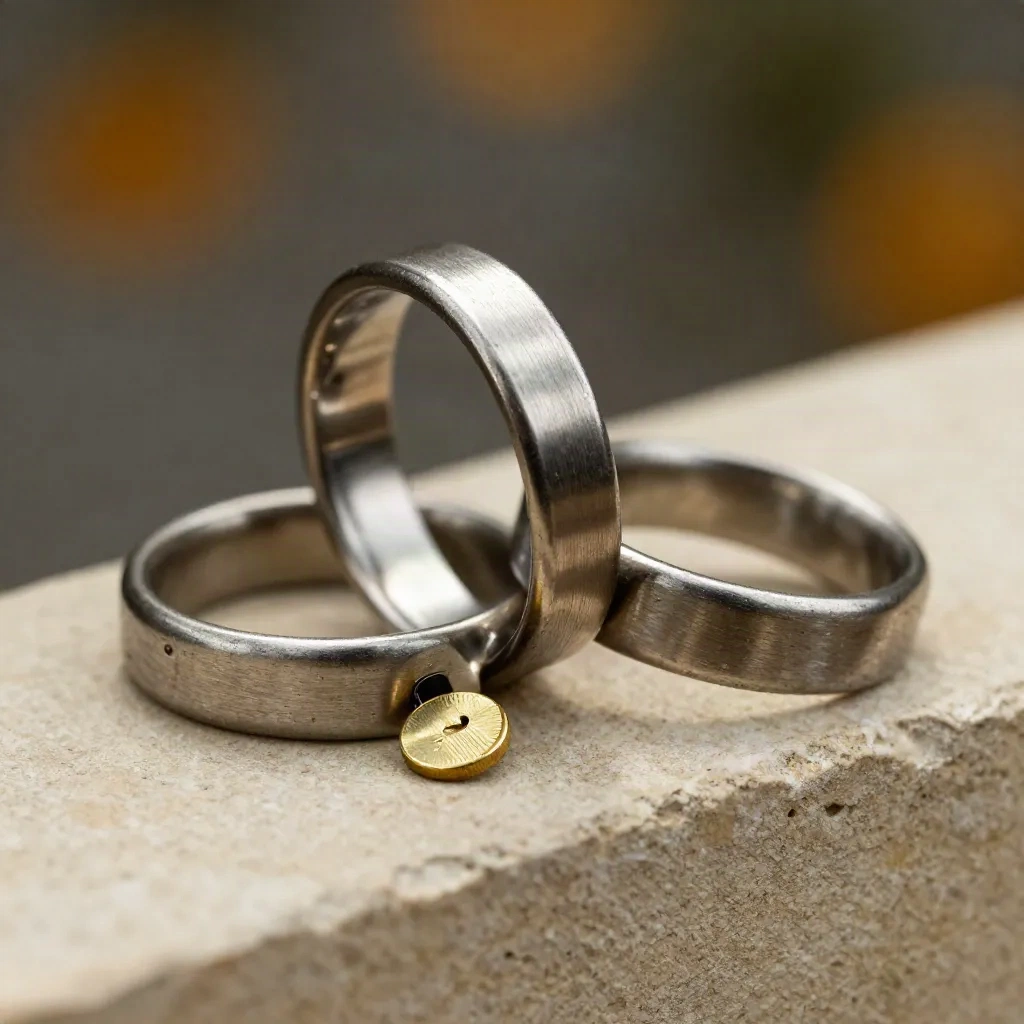 Macro still life of metal rings, brass token and ledger weight on stone with bokeh