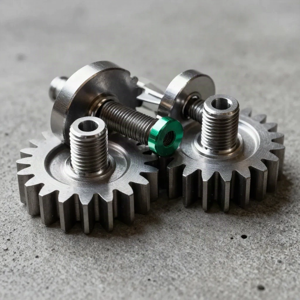 Macro of interlocking metal gears and pins on concrete with a subtle emerald accent