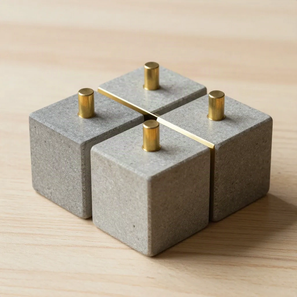 Stone modular cubes with brass pegs assembled on pale wood under dramatic studio light.