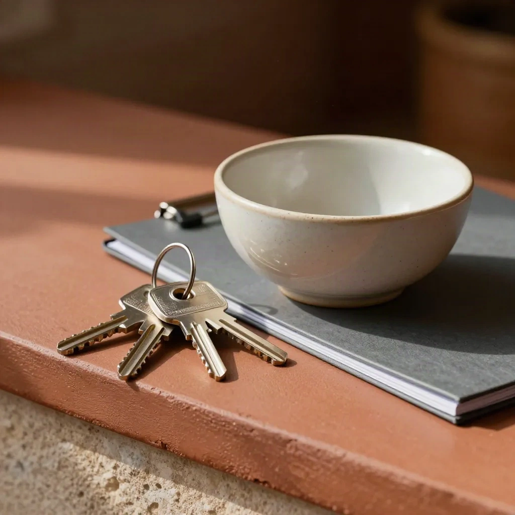 Keys, ceramic bowl and household folder on a terracotta sill, softly lit and textural.
