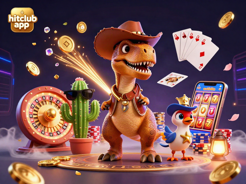 Engage with the hitclub app by spinning with a 3D T-Rex cowboy amid vibrant casino elements.