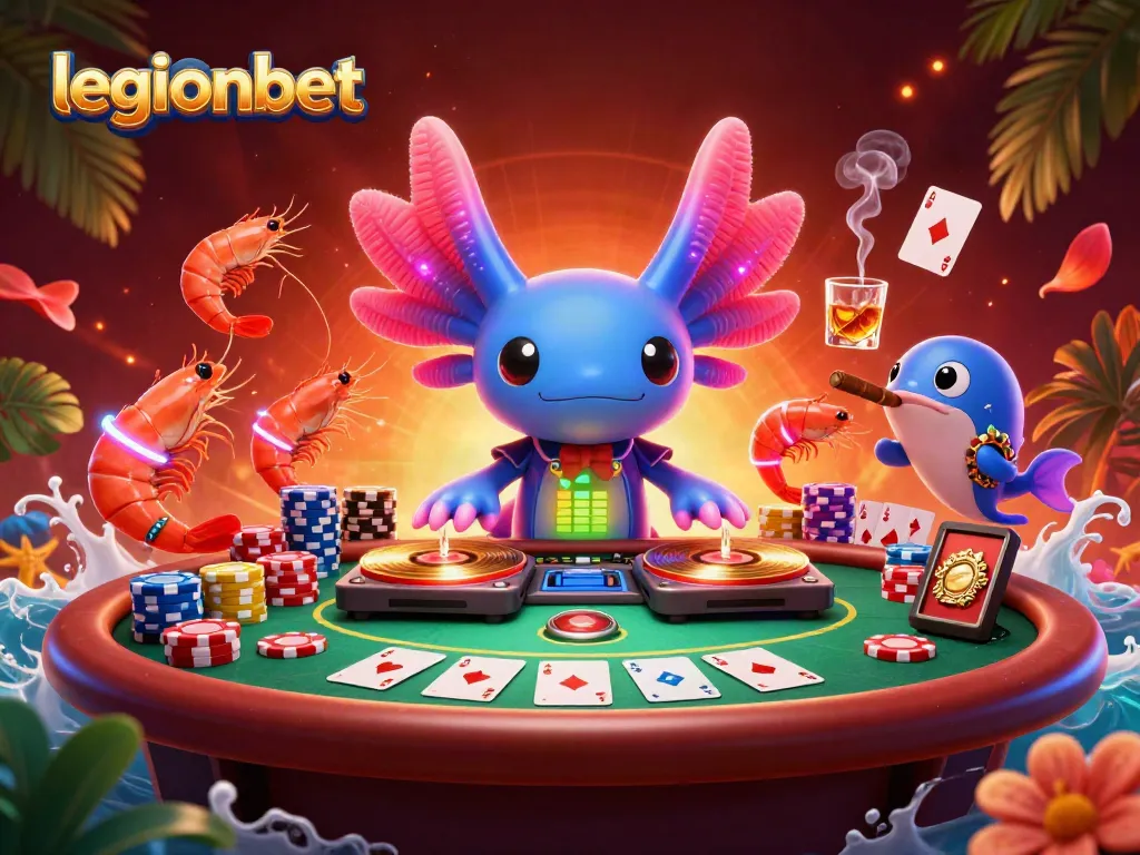 Experience legionbet’s vibrant casino world with a neon axolotl DJ, poker action, and lively underwater creatures!