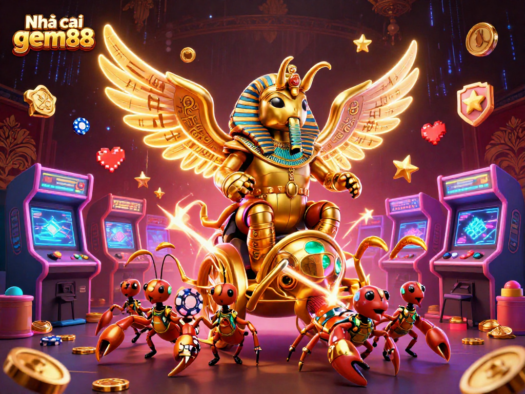 Engage with Nhà cái gem88 as a colossal golden scarab beetle leads exciting 3D casino games.