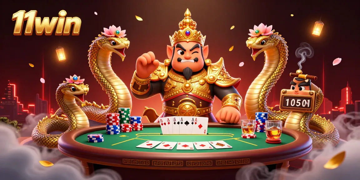 Engage in thrilling gameplay with 11win's vibrant poker scene featuring golden yaksha guardians.
