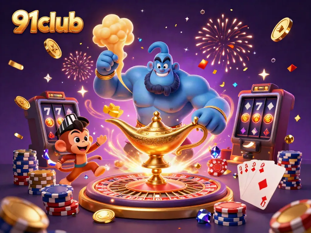 Engage with the vibrant 91club gaming scene filled with sparkling coins, a genie, and a magic carpet.