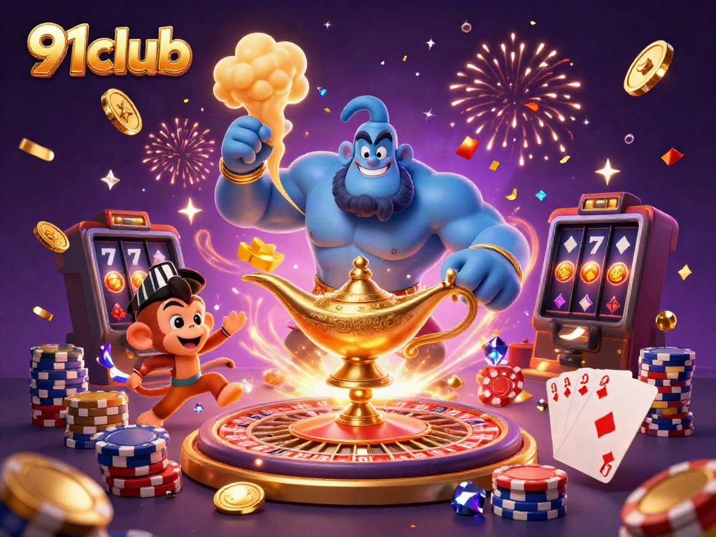 Engage with the vibrant 91club gaming scene filled with sparkling coins, a genie, and a magic carpet.