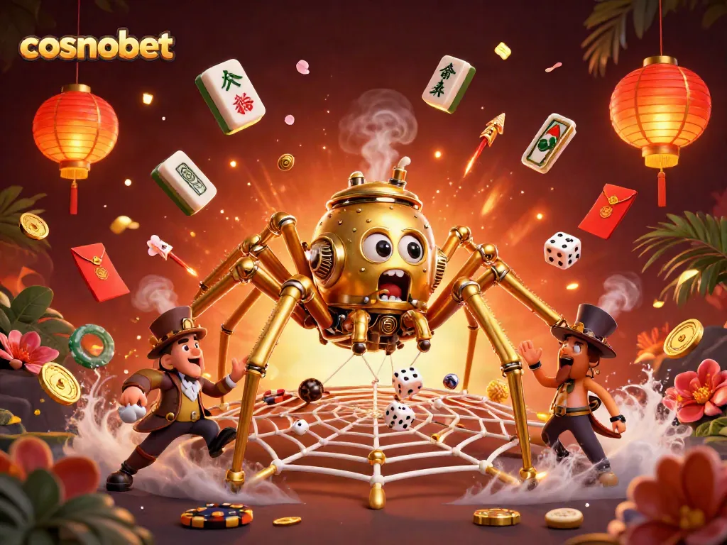 Engage with cosmobet's thrilling action featuring a steampunk spider and whimsical characters in a lavish casino atmosphere.