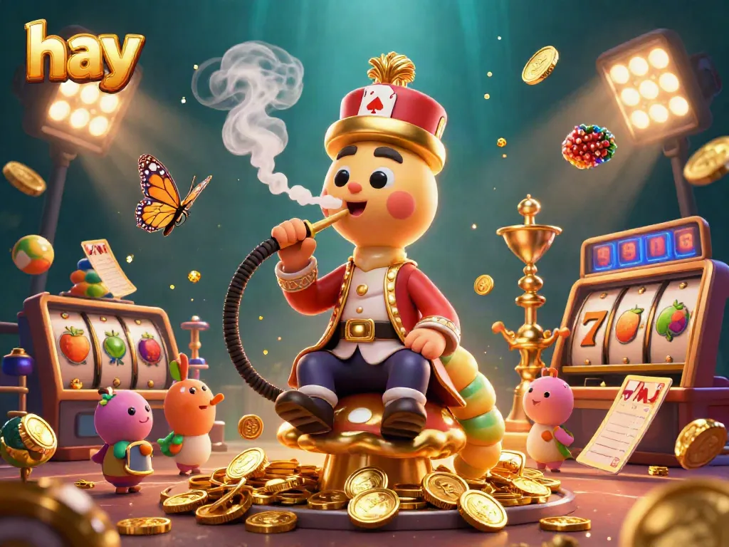 Play casino games with hay, featuring an enormous caterpillar in a vibrant 3D illustration.