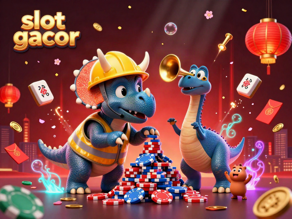 Experience slot gacor excitement as a cartoon triceratops builds poker chip pyramids in a vibrant casino scene.