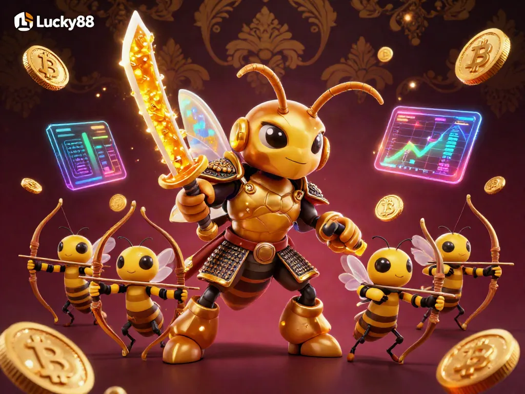 Experience Lucky88 with vibrant visuals of a golden hornet samurai amidst crypto elements in a dynamic casino setting.