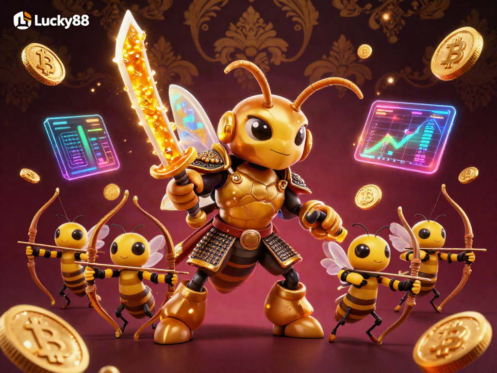 Experience Lucky88 with vibrant visuals of a golden hornet samurai amidst crypto elements in a dynamic casino setting.
