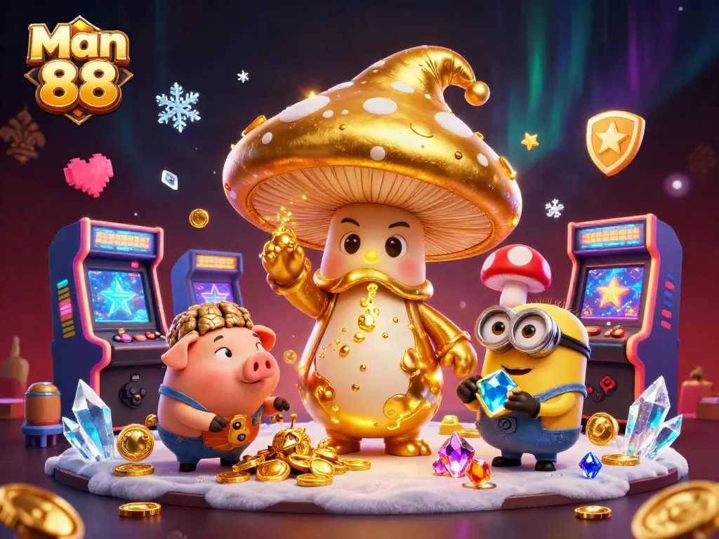 Engage with Man 88's vibrant casino magic featuring golden characters and glowing game elements.