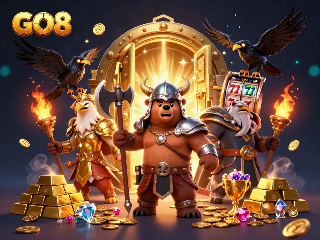 Experience thrilling slots excitement with GO8 as a Viking bear and Valkyrie eagle celebrate wins amidst gold treasures.