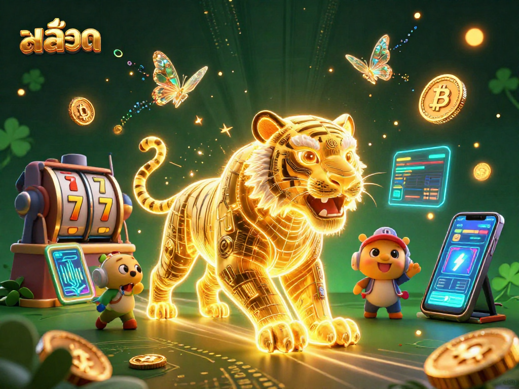 Engaging scene of สล็อต casino gaming with a golden tiger and digital coins in vibrant colors.