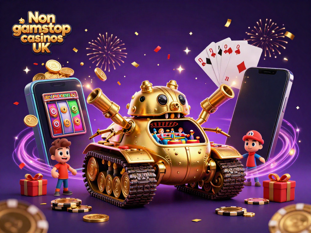 Engage with vibrant gameplay at the Non gamstop casinos UK illustrated scene featuring exciting casino elements.