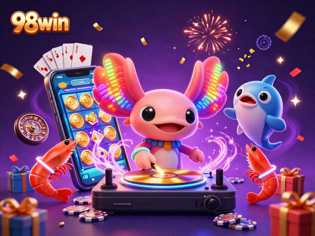 Spin and win big on 98win with vibrant casino-themed 3D illustration of a DJ and sea creatures.