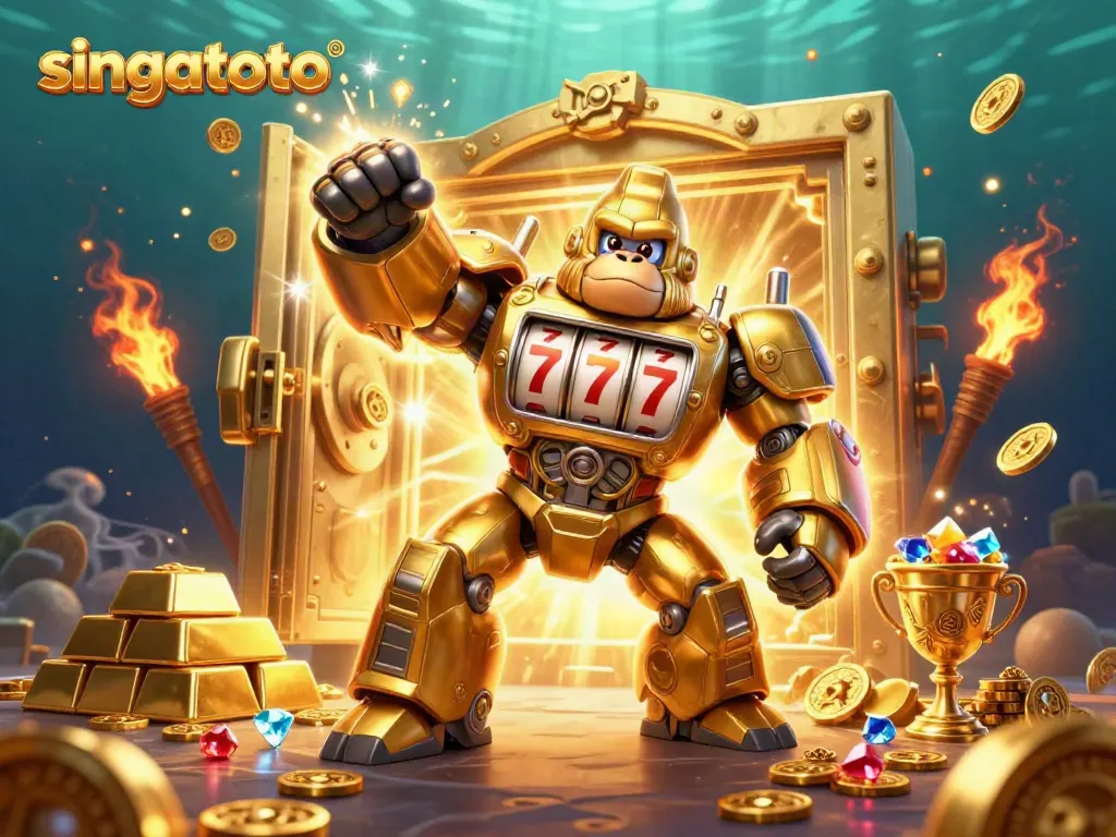 Experience thrilling wins at singatoto with a stunning golden gorilla mech surrounded by treasures.