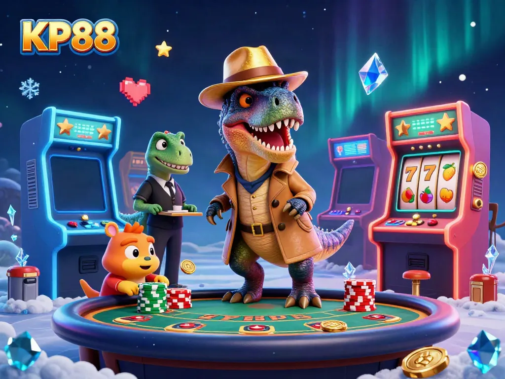 Engage with KP88's captivating casino scene featuring a velociraptor card counter amidst vibrant gambling elements.