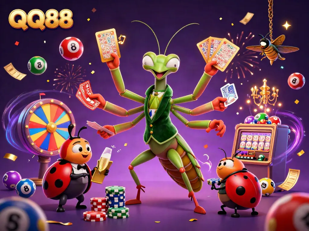 Experience the thrill of QQ88 with a lively illustration of a mantis dealer and ladybug pit boss amidst vibrant casino game elements.
