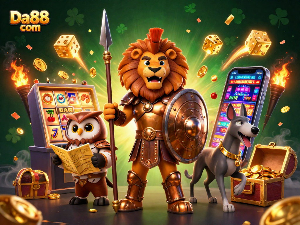 Experience thrilling wins with Da88 com in this vibrant 3D casino illustration full of action and excitement.