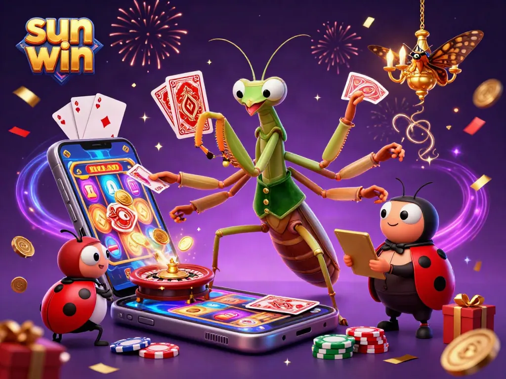 Experience the excitement of sun win with engaging casino elements in a vibrant, dynamic scene.
