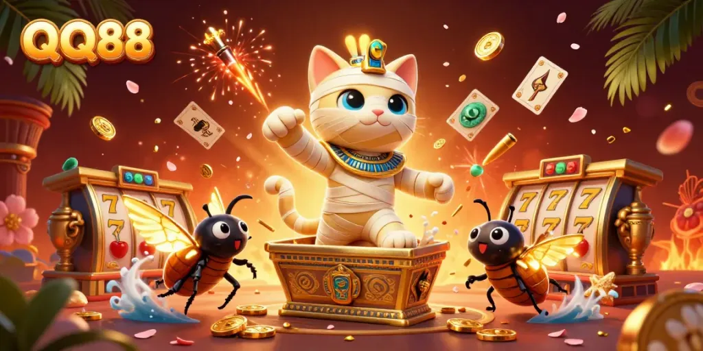 Spin the reels at QQ88 with an Egyptian mummy cat emerging from a golden sarcophagus in a vibrant casino scene.