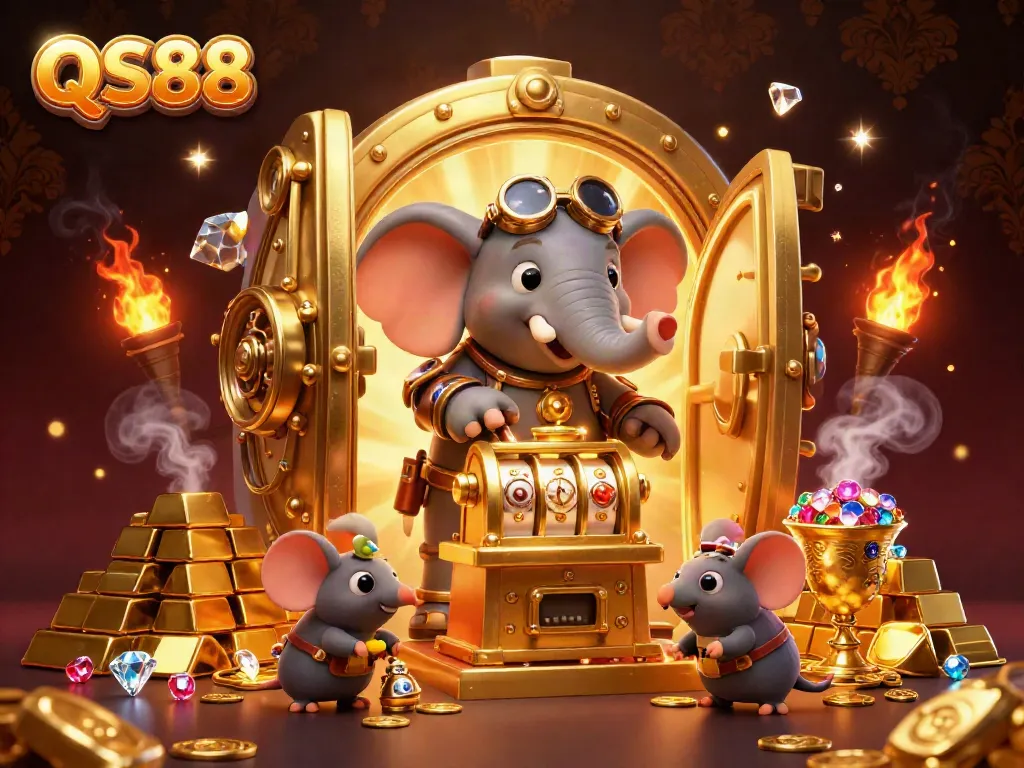 Experience thrilling slots at QS88 with a steampunk elephant and treasure-filled scene.