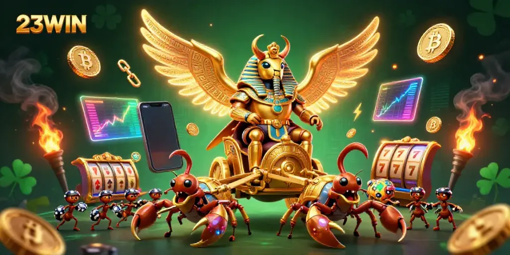 Experience the thrill of 23WIN gaming world with dynamic 3D illustration of casino characters and crypto elements.