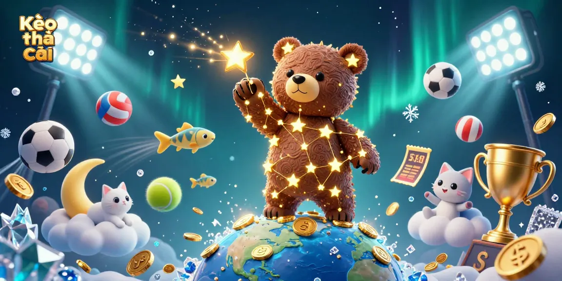 Kèo nhà cái unveils exciting sports betting dynamics with a constellation bear and vibrant game elements.