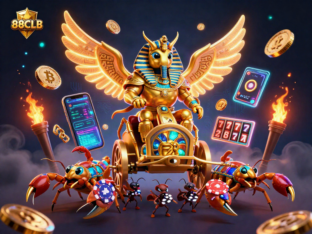 Engage with 88CLB in a vibrant casino scene filled with neon coins, treasure, and rich gaming elements.