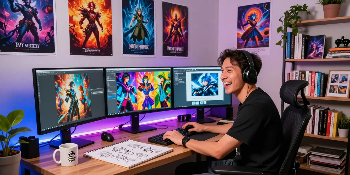 Creative professional in vibrant studio creating 18+ ai digital art surrounded by inspiration and design.