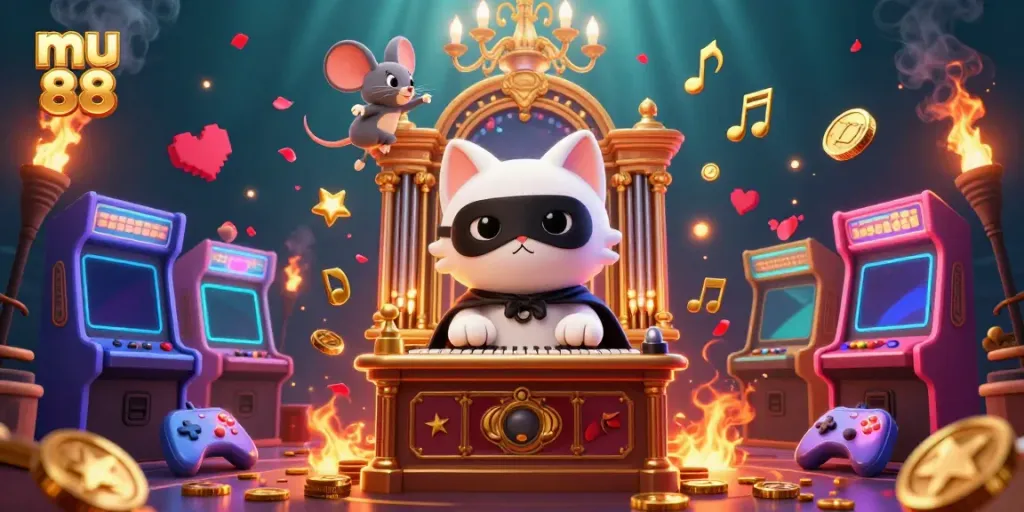 mu 88 offers an exciting casino experience with a colorful 3D cartoon scene featuring a phantom cat and game elements.
