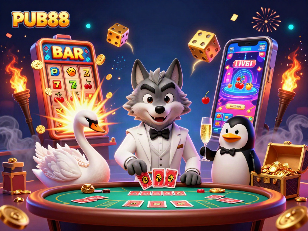 Experience the excitement of PUB88 with a debonair wolf and elegant characters at a vibrant casino scene.