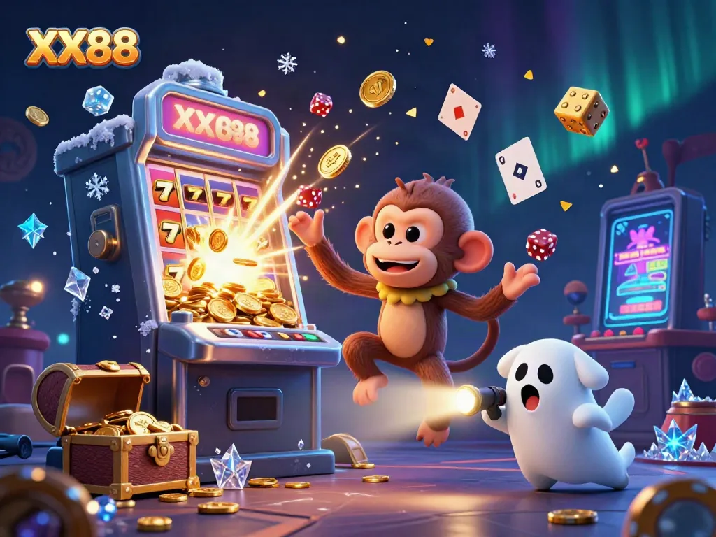 Experience the thrill of XX88 with a playful monkey juggling casino treasures in a vibrant haunted atmosphere.