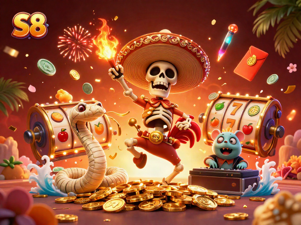 S8 triumphantly highlights the vibrant casino scene, featuring lively characters and lucky symbols of fortune.
