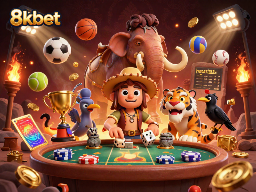 Exciting action scene at 8kbet’s prehistoric casino with characters playing games and dynamic sports elements.