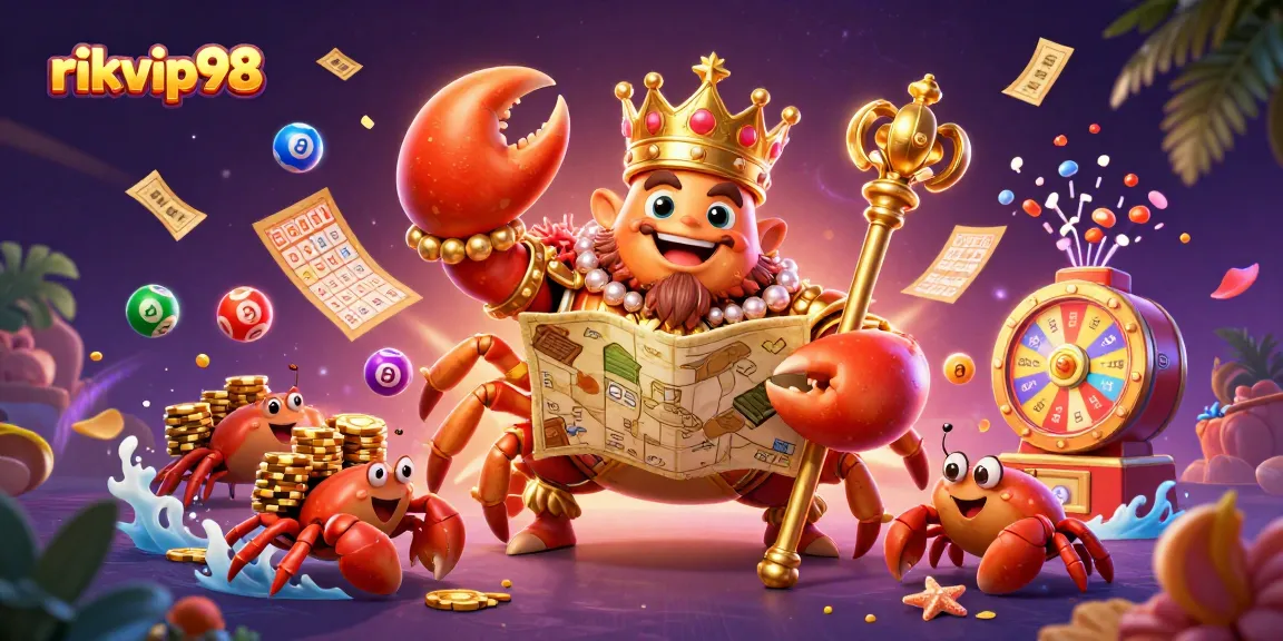 Experience the lively atmosphere of rikvip98 with a golden crab emperor amidst vibrant gambling elements.