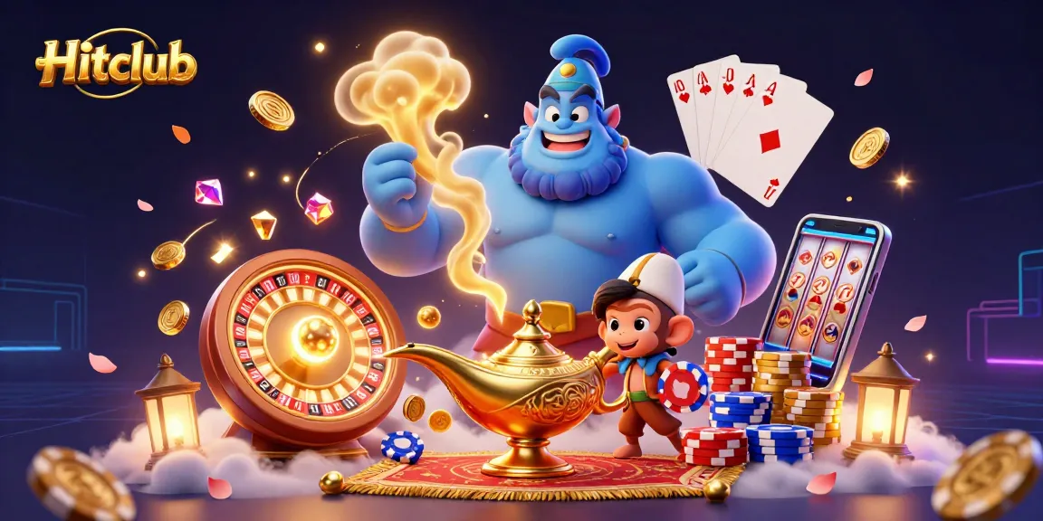 Experience thrilling gameplay at Hitclub with a dynamic illustration of a genie, poker chips, and casino excitement.