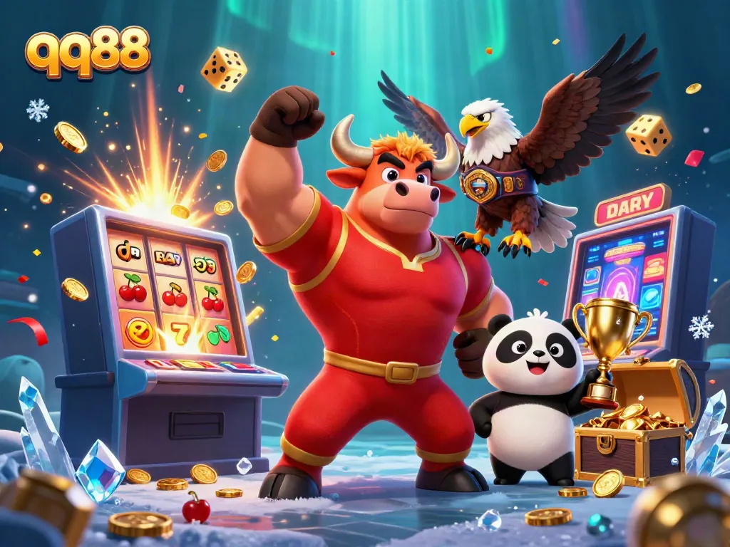 Experience the excitement of qq88 with a vibrant 3D illustration showcasing a jackpot celebration in a dynamic casino atmosphere.