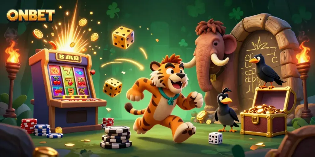 Engaging ONBET casino scene with cartoon caveman and tiger, packed with jackpot excitement.