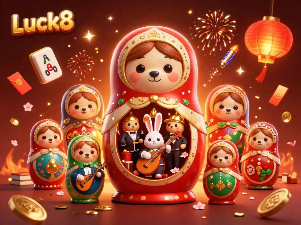 Engage with Luck8 in a vibrant 3D casino scene featuring Matryoshka bears and festive elements.