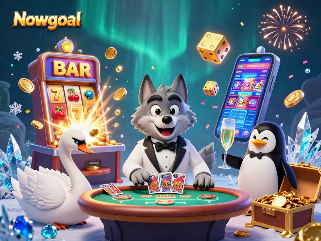 Experience thrilling gameplay on Nowgoal with interactive casino scenes featuring a wolf, swan, and penguin.