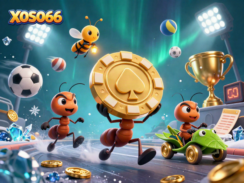 XOSO66 showcases ants in a heist with golden poker chip amidst dynamic casino elements.