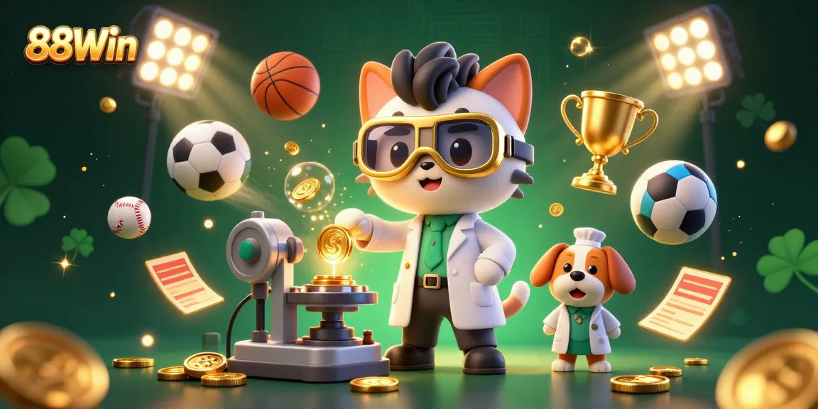 88Win showcases a vibrant 3D scene with a mad scientist cat and dog assistant amidst golden sports elements and excitement.