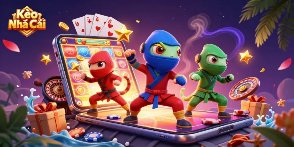 Kèo Nhà Cái showcase with ninja chameleons and casino elements, highlighting thrilling betting action.