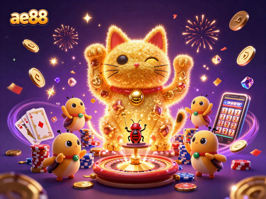 Experience ae88's vibrant casino world with a lucky cat and magical gaming elements.