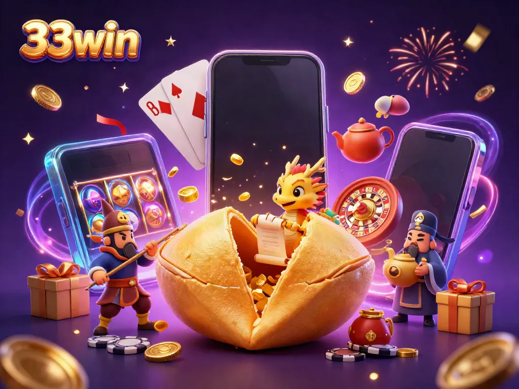 Engaging 33win illustration with a giant fortune cookie, wise dragon, and casino game elements.