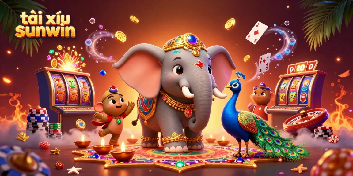 Play tài xỉu sunwin with fun 3D elephant and peacock in a vibrant casino scene.