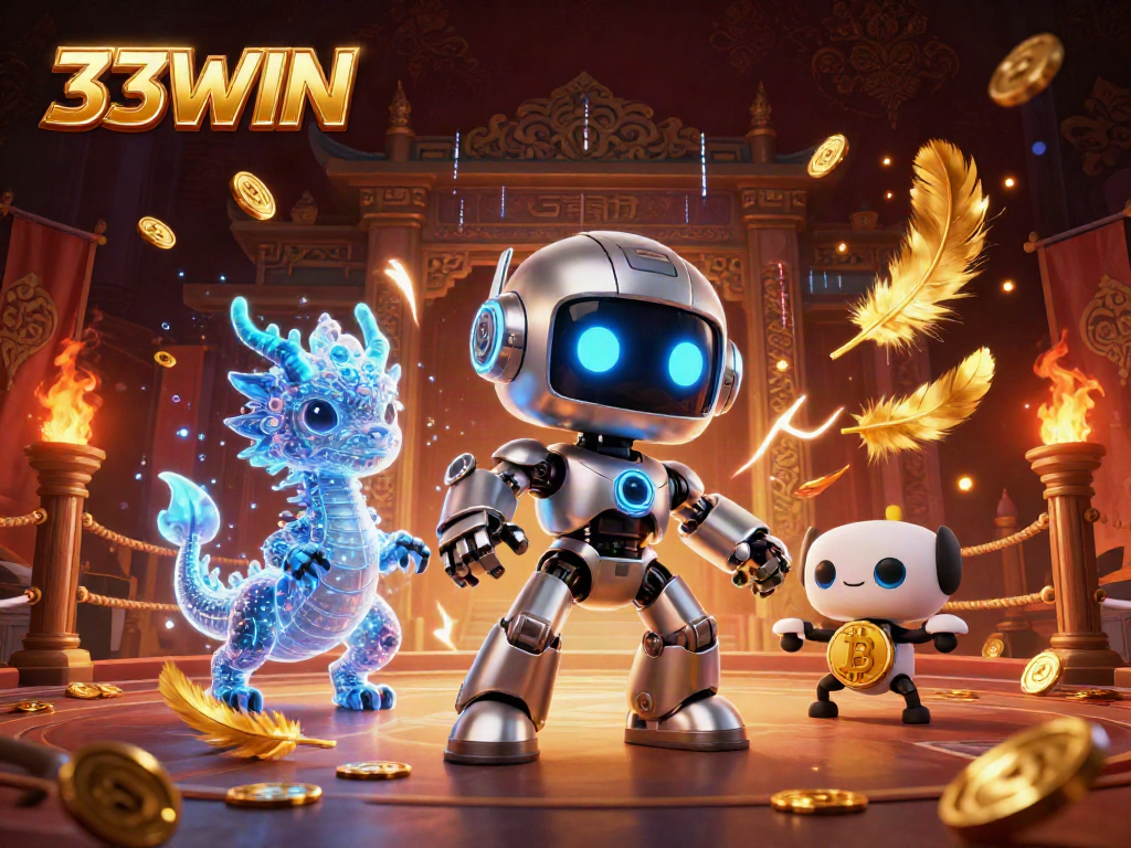 Engage with 33WIN's vibrant casino world featuring a robot, holographic dragon, and bitcoin drone.