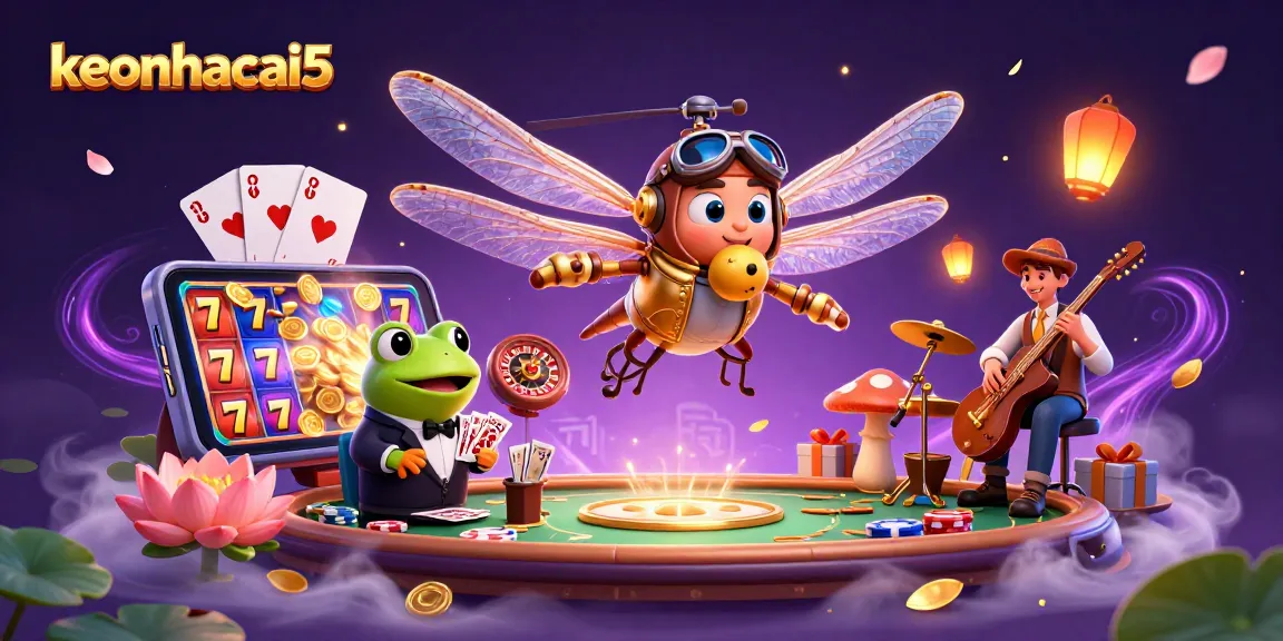 Engage with keonhacai5 in a vibrant casino scene featuring dragonfly pilot, frog croupier, and jazz musicians.